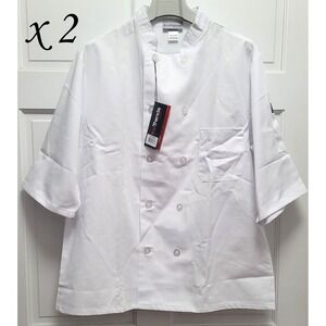 2 Pinnacle Chef Trends C812 White 1/2 Sleeve Plastic Button Chef Coat Shirts - M